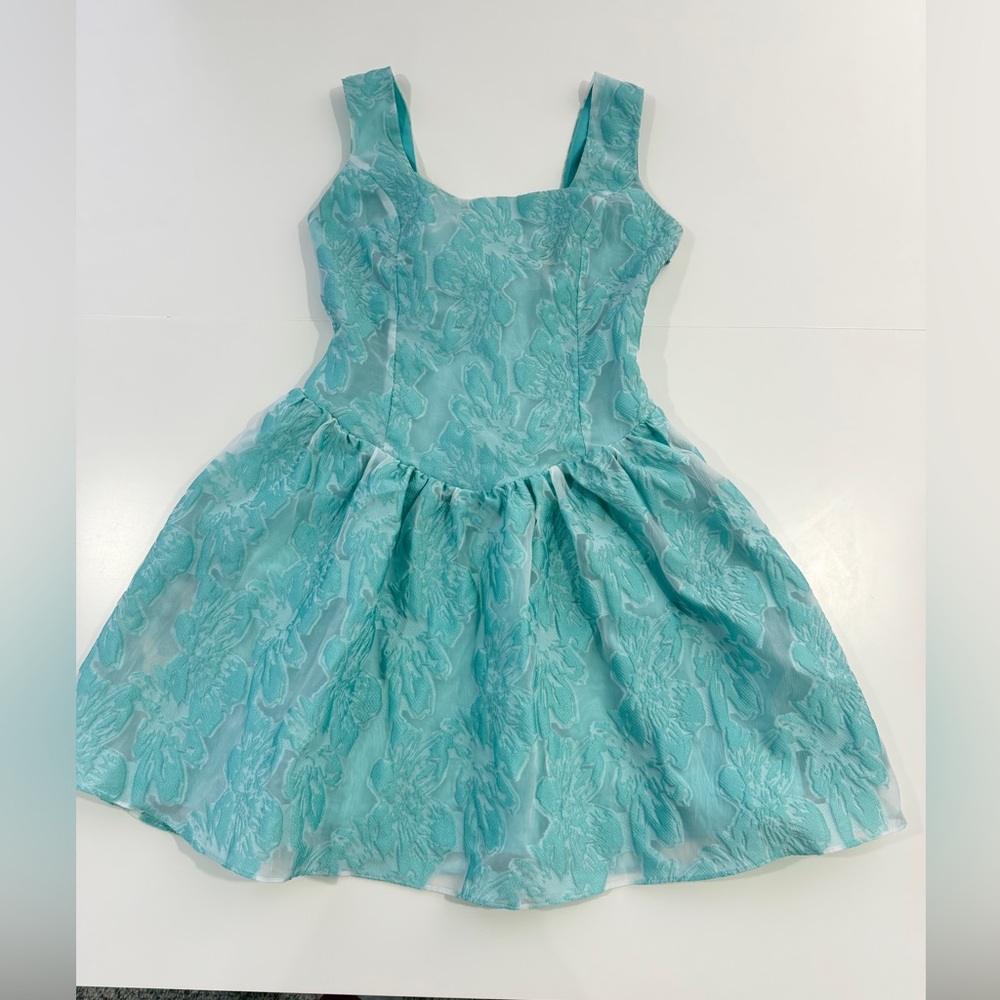 NWT B.Right Womens Blue Jacquard Mini Dress Size Small Bow